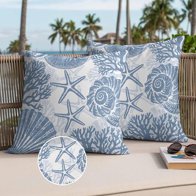 Outdoor Pillow Covers 16x16 Inch Set of 2, Lake Blue Coastal Waterproof Throw Pillow Covers, Beach Starfish Nautical Coral Shell Summer Decorative Cushion Pillowcases for Couch Sofa Bed Garden Patio