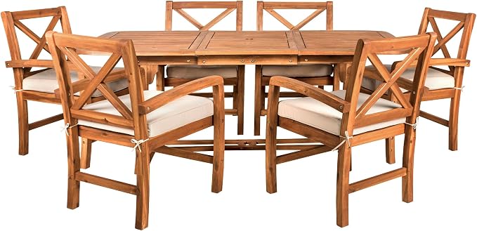 Walker Edison Maui Classic 7 Piece Acacia Wood Outdoor Dining Set with X Back Chairs, Set of 7, Brown