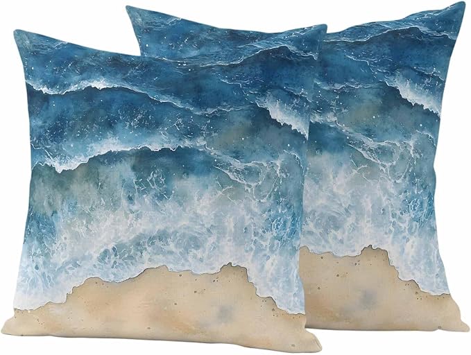 Abstract Waves Outdoor Waterproof Throw Pillow Covers Set of 2, 24"x24", Blue Ocean Spray Beach Watercolor Decorative Pillow Covers Outside Cushion Case for Patio Porch Garden