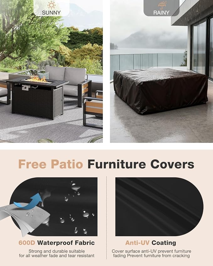Aoxun Aluminum Patio Furniture Set with Fire Pit Table, 4 Piece Luxury Outdoor Sectional with 6" Olefin Fabric Cushions, Patio Conversation Sets with Waterproof Cover for Backyard, Porch Light Grey