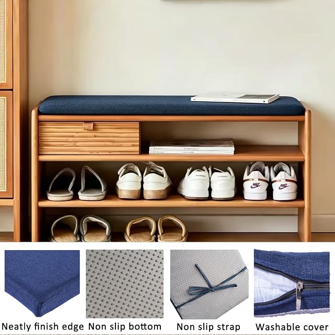 30 x 14 Inch Piano Bench Cushions with Strap for Indoor Furniture,Navy Blue | Non slip high density foam bench seat cushion for kitchen dining room,shoe storage, entry way,window, settee