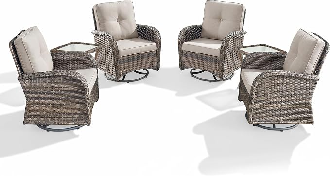 Outdoor Swivel Glider Rocker Chairs Set of 4 - Wicker Patio Furniture Set All Weather Patio Conversatio Sets with 2 Tempered Glass Side Table for Deck Backyard - Brown Wicker Beige Cushion