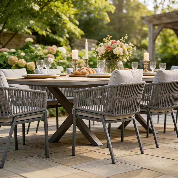 SUNSITT 9 Piece Outdoor Patio Dining Set, Patio Dining Furniture Set with 87” Aluminum Dining Table w/X Base Legs and 8 Woven Rope Outdoor Patio Chairs w/Curved Armrest for Garden, Dark Grey