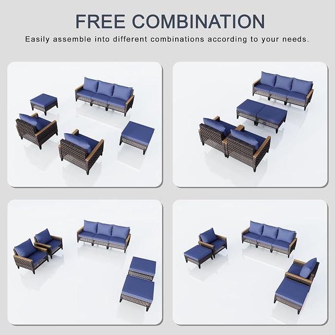 7-Piece Outdoor Patio Furniture Set, Wicker Conversation Set with Armchairs and Ottomans, Rattan Sectional Modular Sofa Couches for Porch, Poolside, Deck, Balcony, Backyard, Yard (Blue Cushions)