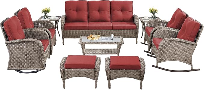 10-Piece Patio Furniture Set-Patio Rocking Chairs Set of 4 Outdoor Rattan Sofa Sets with Coffee Table Outdoor Patio Furniture Sets for Deck Porch Garden Balcony Poolside-Grey/Red