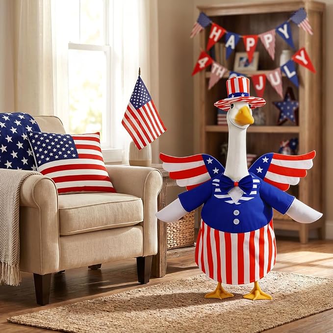 4th of July Patriotic Porch Goose Outfits with Wings for 23" Porch Goose Independence Day Goose Costume USA 250th Anniversary Outdoor Patio Yard Lawn Garden Decoration