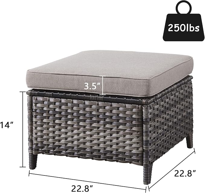 Rilyson Luxury Outdoor Wicker Patio Ottomans Set of 2, 250 lbs Capacity Rattan Large Ottomans for Patio Footrest Set 22.8in*22.8in*14in with 3.5in Thick Cushion (Mixed Grey/Grey)