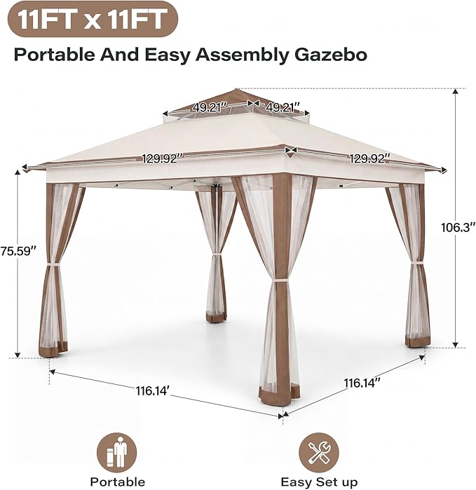 LAUSAINT HOME 11x11 Pop Up Gazebo with 50FT String Lights, Mosquito Netting, Instant One-Push Setup, Adjustable Height Outdoor Canopy Tent Shelter with Carry Bag for Patio, Backyard, Camping, Khaki