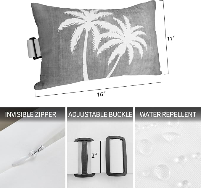 Black Grey Palm Trees Outdoor Pillows for Chaise Lounge Chair Waterproof Lumbar Pillows with Insert&Strap Beach Headrest Pillow Summer Coastal Tropical Botanical Recliner Pool Pillow 11"x16"