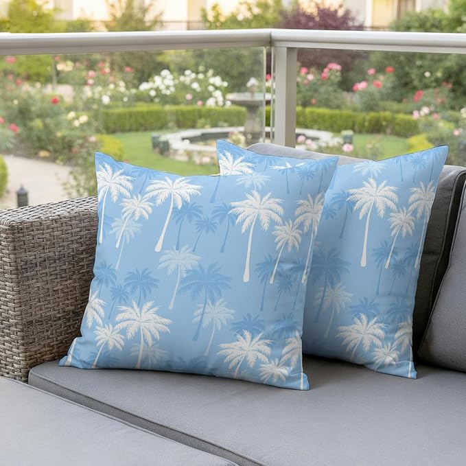 Throw Pillow Covers 16x16 Inch Set of 2, Tropical Palm Tree Waterproof Outdoor Pillow Covers, Blue White Plants Coastal Botanical Leaf Decorative Cushion Pillowcases for Patio, Garden, Couch, Sofa