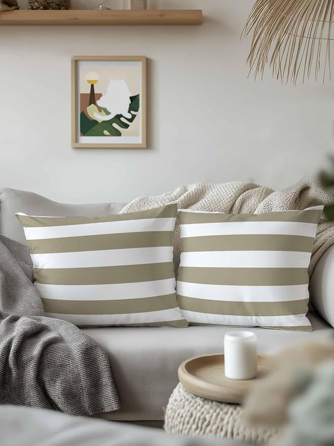 Waterproof Outdoor Pillow Set of 2 Brown White Stripe Decorative Throw Pillows Cover & Insert 16x16 Inch Pillowcase Simple Style Striped Pillows for Couch Sofa Bed Patio Furniture Indoor Outdoor
