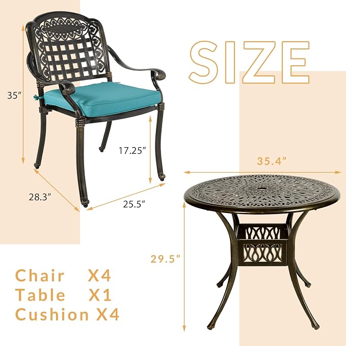 5-Piece Outdoor Patio Dining Set, All-Weather Cast Aluminum Patio Furniture Set for Backyard Garden Deck with 4 Chairs, 4 Cushions and 35.4" Round Table, 2" Umbrella Hole, Blue