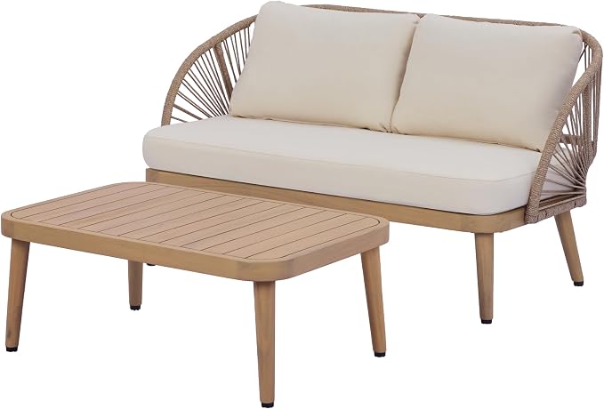 Christopher Knight Home Blanca 2 Pieces Conversation Set, Boho Patio Loveseat Sofa and Coffee Table, Acacia Wood Outdoor Loveseat and Table Set, Rope Woven Curved Loveseat with Cushions, Teak+Beige