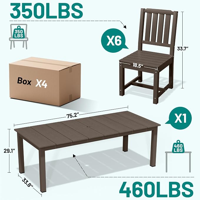 PLUUV 7-Piece Outdoor Dining Set – HDPE Patio Furniture with Umbrella Hole Table, Aluminum Legs, and 6 Armless Chairs, Weatherproof & Easy-Clean for Backyard, Garden, Coffee