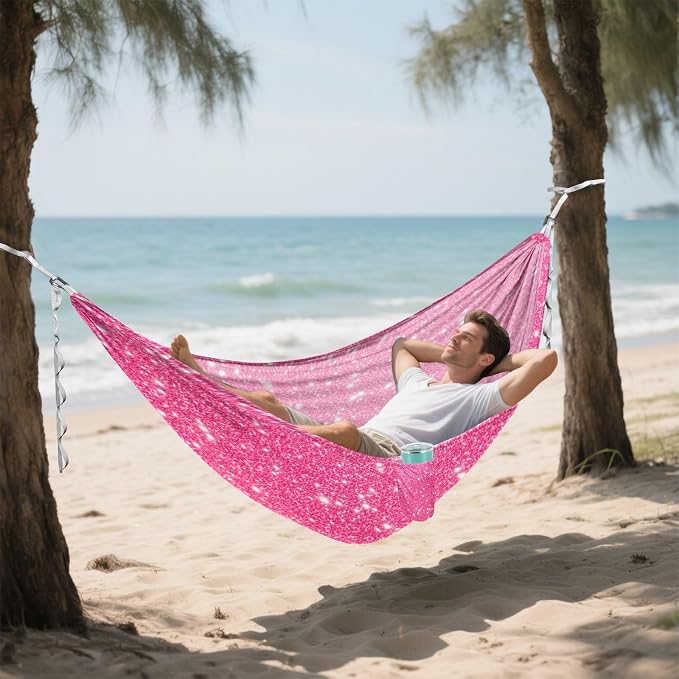 Pink Sparkling Glitter Camping Hammock, Portable Lightweight Single Hammock with Tree Straps and Aluminum Carabiners, 114" x 54" Travel Hammock for Hiking Backpacking Beach