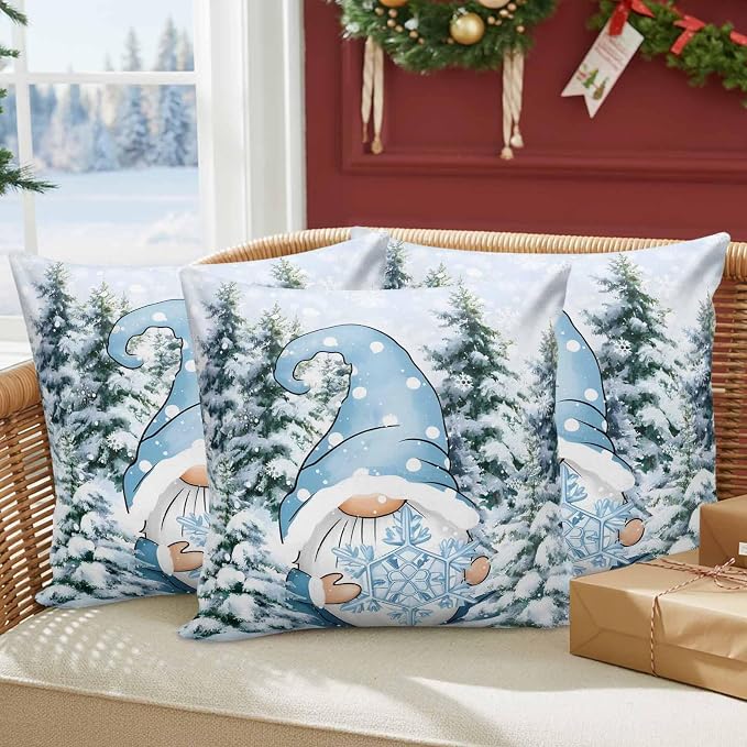 Christmas Gnome Outdoor Pillow Covers Set of 2, Xmas Blue Snowflake Decorative Waterproof Throw Pillowcase Winter Snowy Pine Forest Cotton Linen Soft Cozy Cushion Cover Pillowsham 20x20In