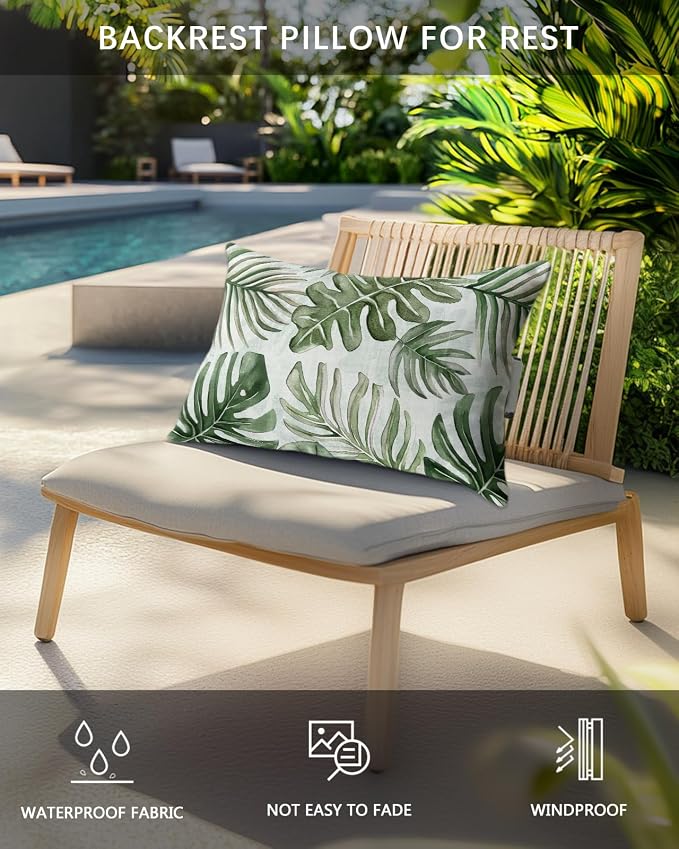 Pack of 4 Outdoor Lumbar Pillow Covers 12x20 Inch, Green Monstera Deliciosa Waterproof Throw Pillow Covers Set, Summer Botanical Tropical Indoor&Outdoor Decorative Cushion Cases for Patio Porch Car