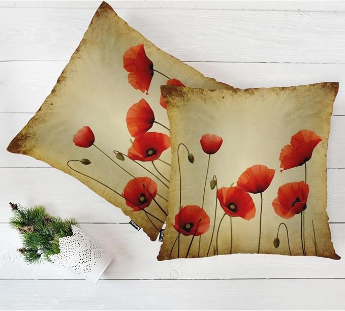 Swono Poppies Throw Pillow Cases, Grunge Poppy Flower Field Set of 2 Decorative Throw Pillow Cover, Square Pillow Cushion Case Home Decor for Sofa Couch Bed Car 18x18 Inches, Brown Red