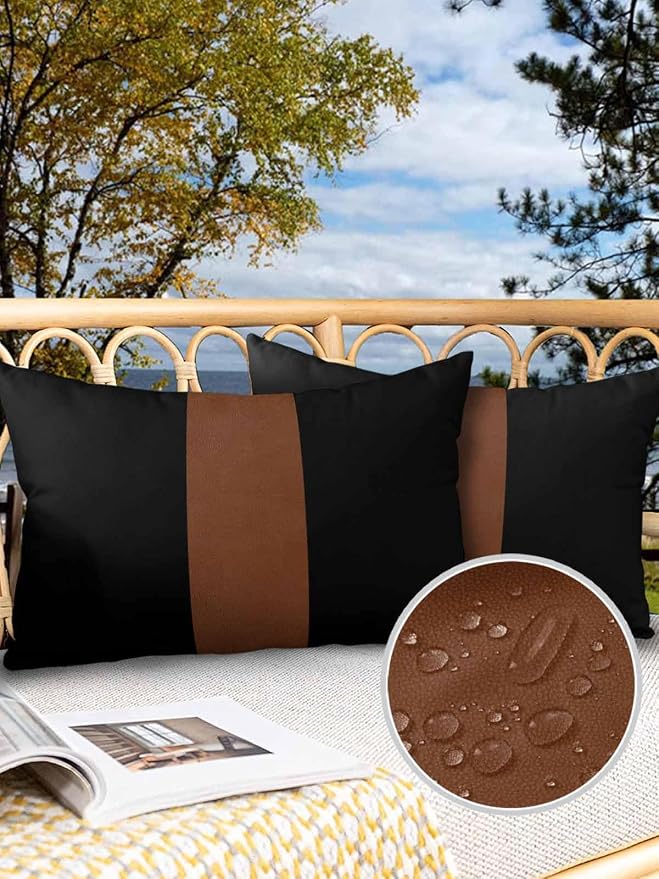 Outdoor Waterproof Throw Pillow Covers Set of 2 Brown Black Lumbar Pillowcases 20x12 Inches Boho Style Patio Decorative Pillows Cushion Case Patio Pillows for Couch Bed Chair Garden