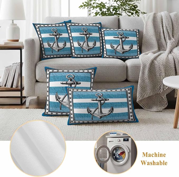 Summer Boat Anchor Outdoor Waterproof Pillow Covers Set of 2, Nautical Ocean Shells Anchor Blue White Stripe Pillowcase Decorative Throw Cushion Cases for Patio Garden Couch 20 x 12 Inches