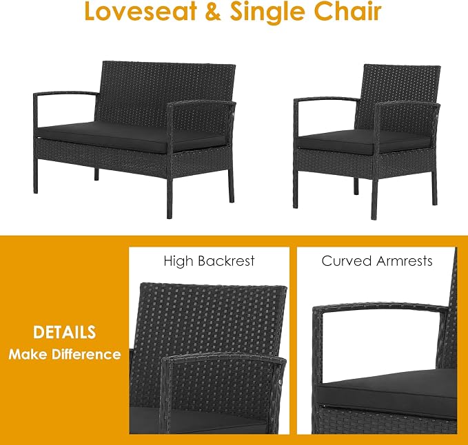 COSTWAY 8PCS Patio Rattan Furniture Set Cushioned Chair Wooden Tabletop Black