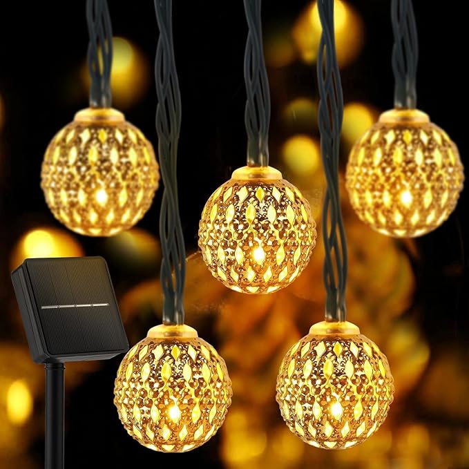 Brightown Solar Moroccan String Lights Outdoor 60 LED 36 Ft Globe Fairy Lights with 8 Lighting Modes, Waterproof Solar Powered String Lights for Garden Yard Gazebos Camping Party Holiday (Warm White)
