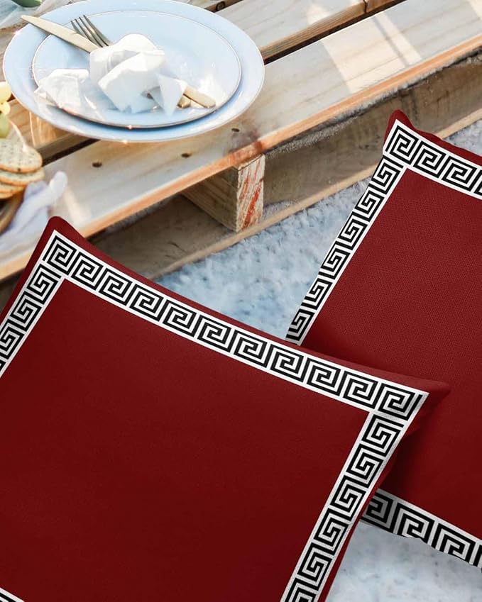 Prime Leader Outdoor Waterproof Pillow Covers Set of 2, Chinese Style Pattern Red Background Patio Throw Pillow Covers, Decorative Cushion Case for Couch Sofa Furniture Garden, 20x20 Inch