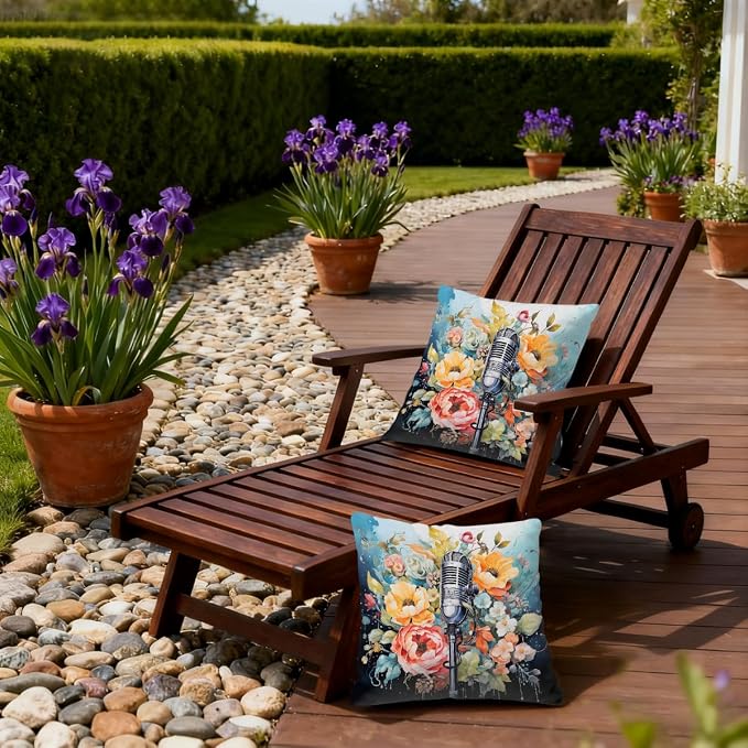 20x20 Inch Outdoor Pillow Covers Set of 2 Waterproof Throw Pillow Covers Decorative Couch Cushion Covers Microphone Floral Square Pillowcases Protectors for Patio Garden Sofa