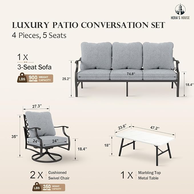 HERA'S HOUSE 4 Piece Patio Furniture Set, 2 x Swivel Cushioned Chair, 3-Seat Sofa with Marbling Coffee Table, All Weather Outdoor Conversation Set for Lawn Garden Backyard, Grey