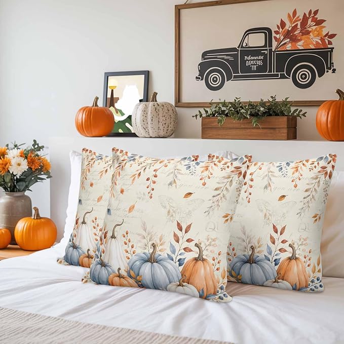 Orange Blue Pumpkins Fall Throw Pillow Covers 24x24 Inch Set of 2, Thanksgiving Waterproof Outdoor Pillow Covers, Eucalyptus Vintage Decorative Cushion Pillowcases for Couch, Sofa, Bed, Garden, Patio
