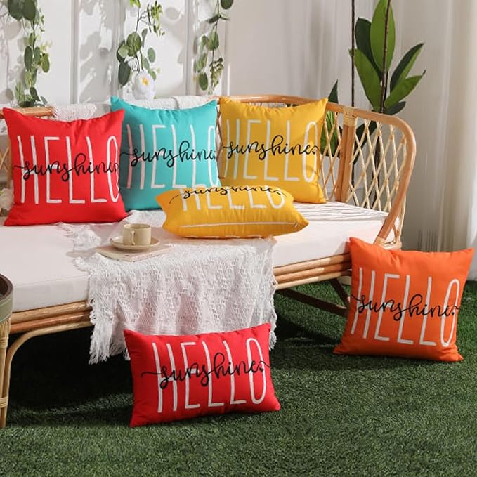 DFXSZ Blue Green Outdoor Waterproof Pillow Covers 20x20 Set of 2 | Hello Sunshine Decor Spring Summer Polyester Pillow Covers(NO INSERTS)| Decor for Patio Funiture Garden Sofa Couch
