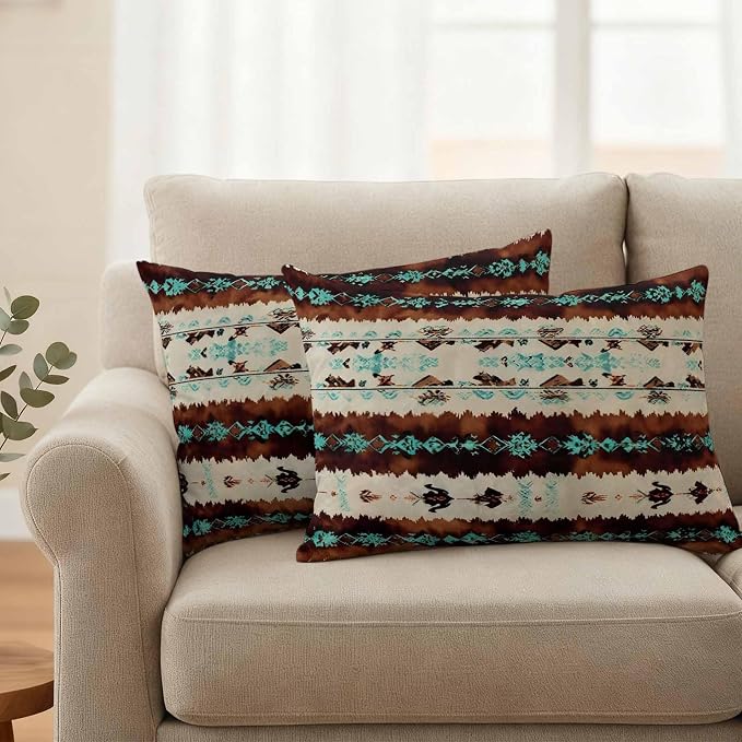 Western Aztec Outdoor Pillow Covers 20"x12" Set of 2, Brown Turquoise Tribal Ethnic Geometric Waterproof Throw Pillow Covers for Patio Furniture, Decorative Cushion Covers for Porch