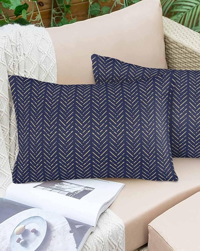 Vandarllin Outdoor Throw Pillows Covers 20x12 inch Set of 2 Waterproof Navy Blue Stripes Decorative Zippered Cushion Covers for Patio Furniture, Modern Art Lines Lumbar Pillowcases