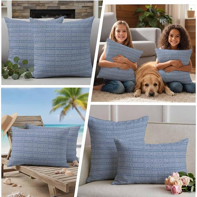 Outdoor Waterproof Throw Pillow Covers Set of 2 Blue Stripes Grain Pillowcases 24x24 Inches Solid Color Decorative Pillows Cushion Case Patio Pillows for Couch Bed Chair Garden