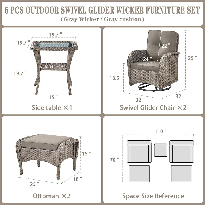 Belord 5 Piece Swivel Rocker Glider Outdoor Chairs Set of 2 with Ottoman and Glass Side Table Patio Bistro Furniture Set, Comfort High Back Wicker Patio Conversation Set for Deck Porch Sunroom