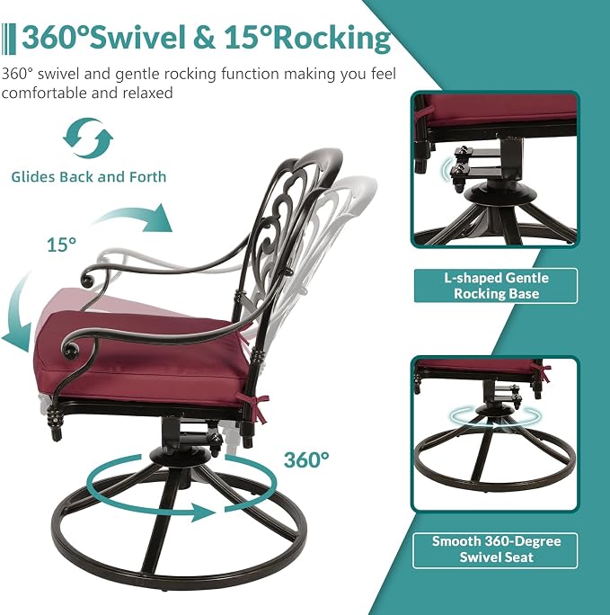MEETWARM 9-Piece Outdoor Patio Dining Set for 8, All Weather Cast Aluminum Patio Funiture Table and Chairs Set- Large 64" Square Table and 4 Swivel Rocker Chairs, 4 Stationary, Umbrella Hole, Red