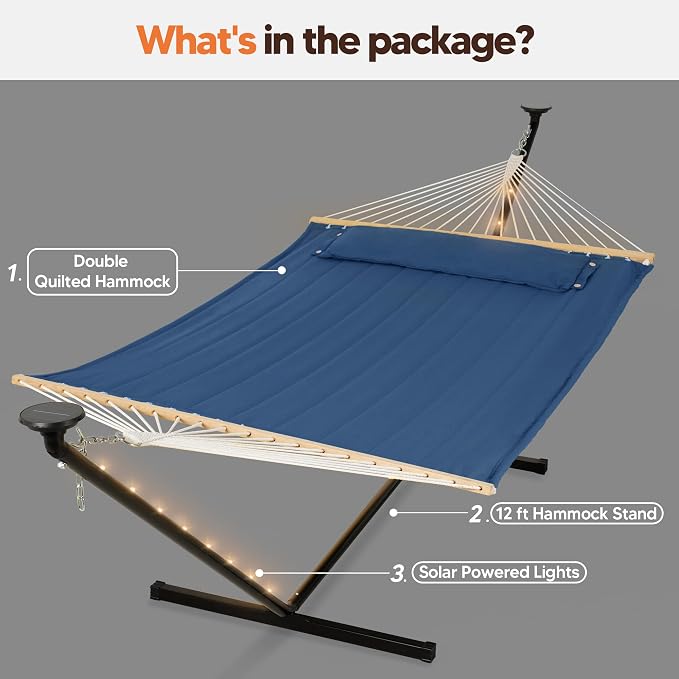 SUNCREAT Patio Hammock with Stand, Solar Powered Lights, Backyard Hammock with Stand for Outside, Navy