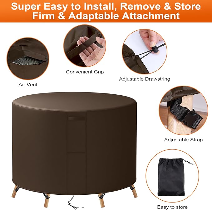 88"(D) x 44"(H) Round Outdoor Furniture Cover, Custom Heavy Duty 420D Waterproof Patio Furniture Cover with Drawstring & Buckles for Table Chair Garden, Coffee
