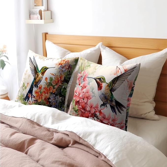 Watercolor Bird Throw Pillow Covers - Spring Hummingbird Outdoor Pillow Covers 20x20 Inch Summer Tropical Flowers Cushion Cases Set of 2 Pillowcase for Patio Furniture Bed, PCYMHumming1L