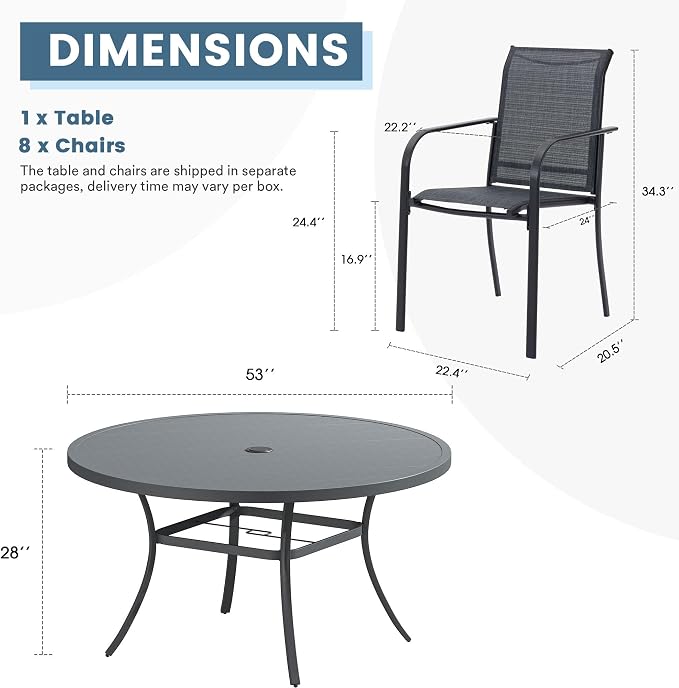 DIFY 9 Pieces Outdoor Patio Dining Set for 8, 53" Round Metal Dining Table and 8 Stackable Textilene Patio Chairs, Outdoor Table and Chairs for Backyard Garden Poolside, Grey