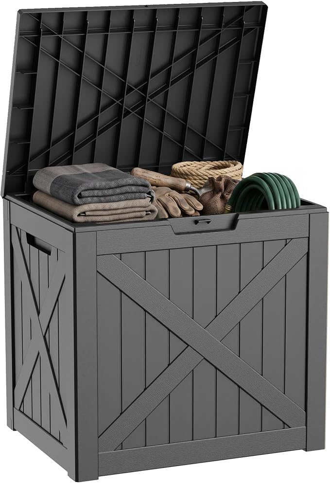 PatioZen 35 Gallon Resin Deck Box, Weatherproof Outdoor Storage Box for Furniture, Garden Tools and Tools Storage, Waterproof Outside Storage Boxes Black