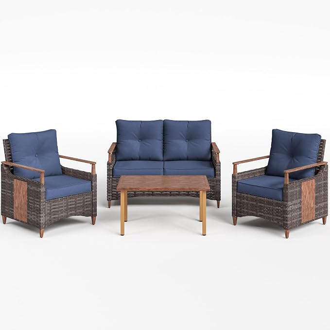 NestNook 4 Pieces Patio Furniture Set, Outdoor Conversation Set with All-Weather Handwoven PE Wicker Sofa, Rattan Chairs and Thick Cushion, Loveseat & Coffee Table for Backyard, Deck & Poolside, Blue