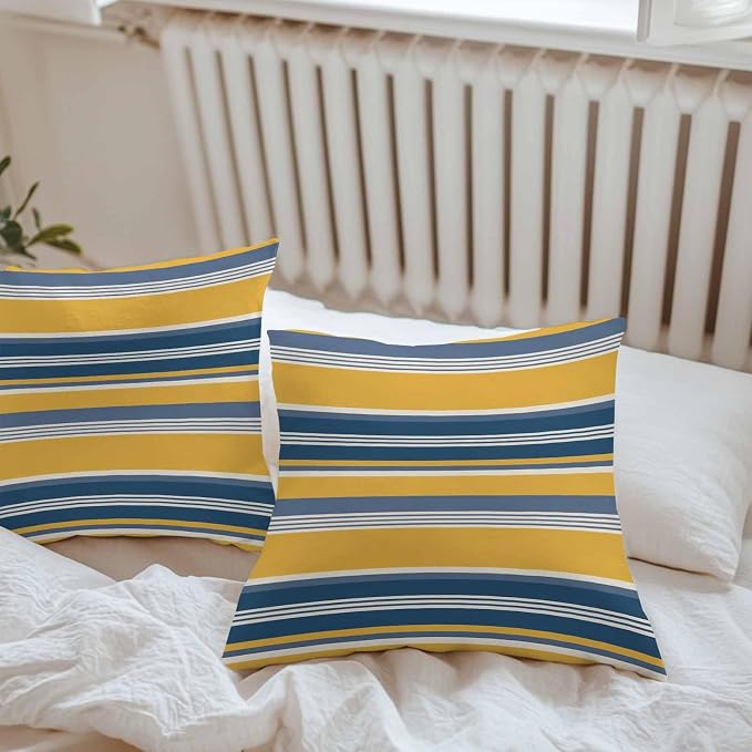 Outdoor Waterproof Throw Pillow Covers Set of 2 Blue Yellow Stripes Lines Pillowcases 26x26 Inches Classic Striped Decorative Pillows Cushion Case Patio Pillows for Couch Bed Chair Garden