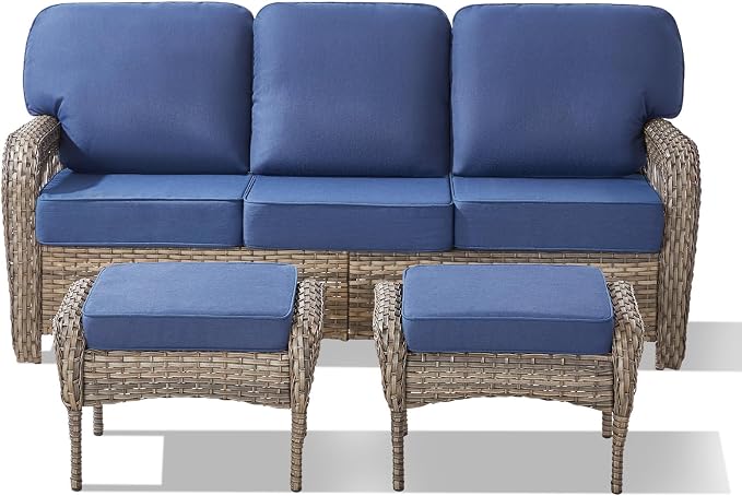 3 Pieces Patio Furniture Sofa Set, Wicker Sectional Outdoor Sofa with Ottomans, Outdoor Seating Furniture High Back Conversation Set for Balcony Deck Porch Backyard, Blue