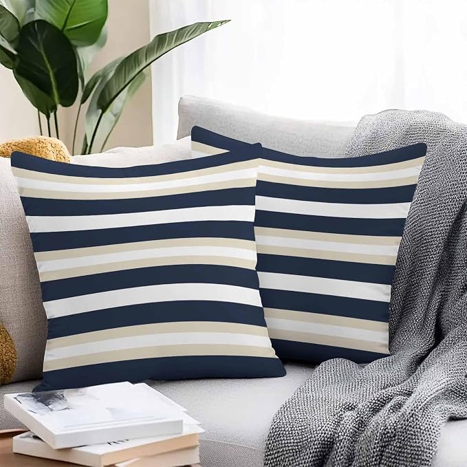 Khaki Navy Blue Striped Outdoor Pillow Covers Waterproof, All Weather Cushion Case Set of 2, Farmhouse Abstract Lines Art Decorative Pillowcases for Sofa Couch Bed Decor Patio Furniture 16"x16"