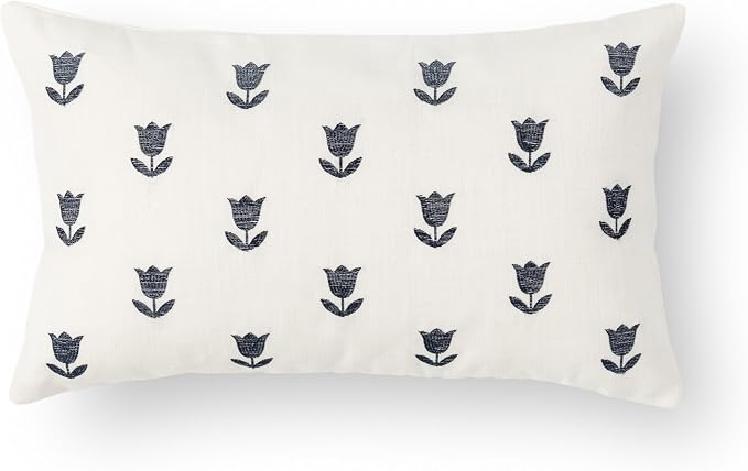 Coastal Linen Indoor Outdoor Lumbar Pillow Cover Only, 12"x20" Water Repellent for Patio, Backyard, Couch, Neutral Dark Navy Floral