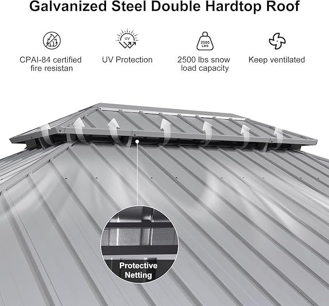PURPLE LEAF 11' x 15' Permanent Hardtop Gazebo with Galvanized Steel Double Roof and Aluminum Frames Outdoor Large Pavilion Gazebo for Patio Deck Garden, Netting and Curtains Included, Light Grey