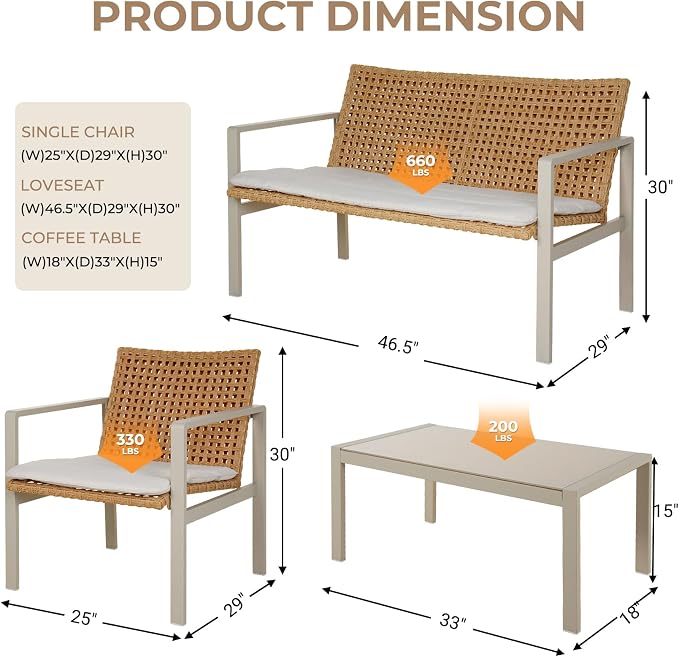Grand patio 4-Piece Outdoor Furniture Set, Wicker Small Patio Set with Beige Seat Cushions, Outdoor Conversation Furniture with Coffee Table for Poolside, Backyard, Balcony, Porch
