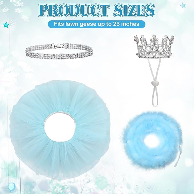 4 Pcs Princess Porch Goose Outfit for 23" 17" Cement Lawn Goose Costume Crown Necklace Tutu Skirt Feather Trim(Blue)