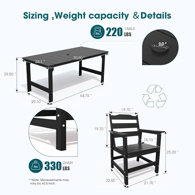 THOEOE 5 Piece Outdoor Dining Set, Patio Dining Table and 4 Chairs, All-Aluminum Frame, All-Weather HDPE Outdoor Furniture with Umbrella Hole for Garden, Lawn, Poolside, Black